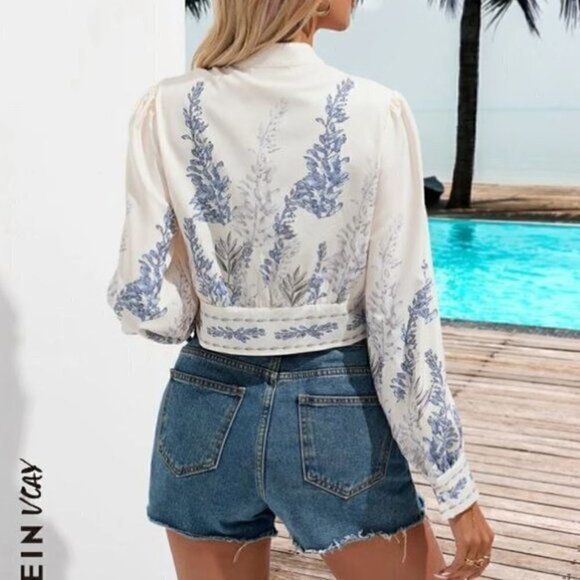 SHEIN VCAY Floral Print Cropped Button Front Shirt womens size medium - Picture 2 of 4
